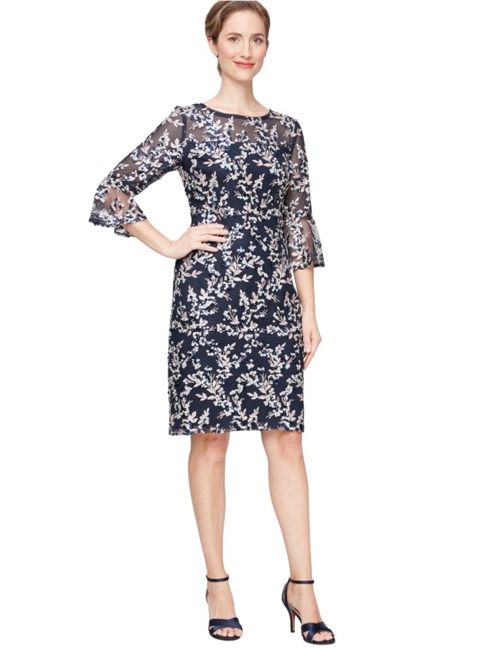 Alex Evenings Navy Floral Lace Midi Dress